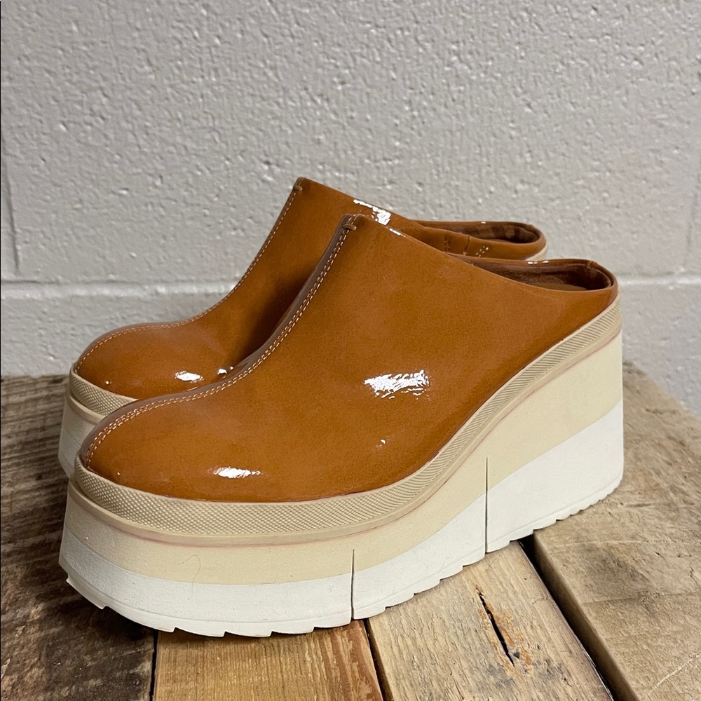 Naked Feet Glossy Brown Platform Mules